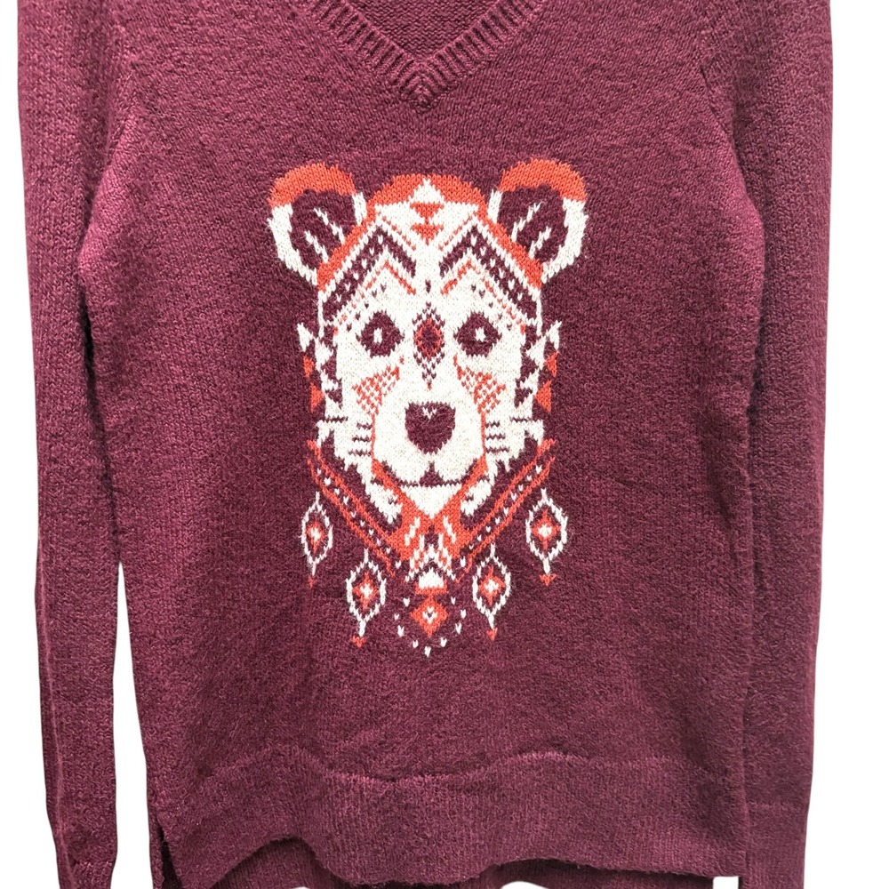 Hollister Womens Burgundy Bear Graphic V-Neck Knit Sweater Size S Long Sleeve - Picture 2 of 8
